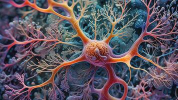 Abstract colorful microscopic structure of cells, neurons, veins, splash, circulation lines, microorganisms, micro dimensions photo