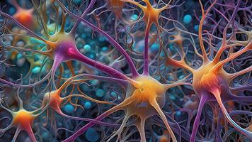 Abstract colorful microscopic structure of cells, neurons, veins, splash, circulation lines, microorganisms, micro dimensions photo