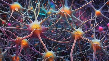 Abstract colorful microscopic structure of cells, neurons, veins, splash, circulation lines, microorganisms, micro dimensions photo