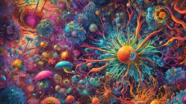 resumen vistoso microscópico estructura de células, neuronas, venas, chapoteo, circulación líneas, microorganismos, micro dimensiones foto