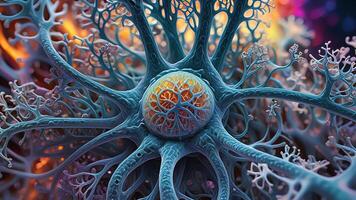 Abstract colorful microscopic structure of cells, neurons, veins, splash, circulation lines, microorganisms, micro dimensions photo
