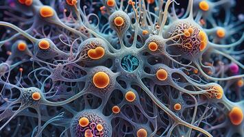 Abstract colorful microscopic structure of cells, neurons, veins, splash, circulation lines, microorganisms, micro dimensions photo