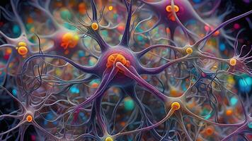 Abstract colorful microscopic structure of cells, neurons, veins, splash, circulation lines, microorganisms, micro dimensions photo