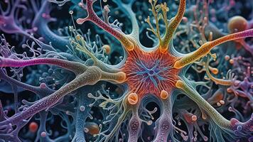 Abstract colorful microscopic structure of cells, neurons, veins, splash, circulation lines, microorganisms, micro dimensions photo