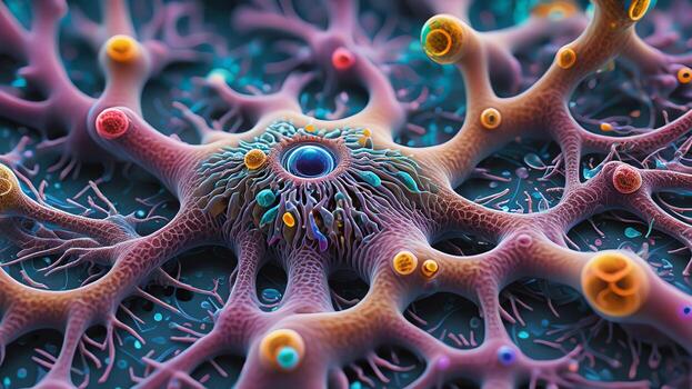 Abstract colorful microscopic structure of cells, neurons, veins, splash, circulation lines, microorganisms, micro dimensions photo