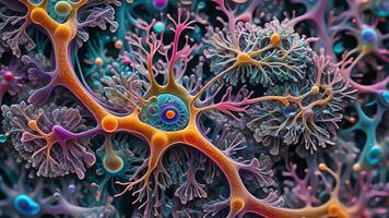 Abstract colorful microscopic structure of cells, neurons, veins, splash, circulation lines, microorganisms, micro dimensions photo