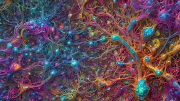 Abstract colorful microscopic structure of cells, neurons, veins, splash, circulation lines, microorganisms, micro dimensions photo