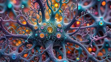 Abstract colorful microscopic structure of cells, neurons, veins, splash, circulation lines, microorganisms, micro dimensions photo