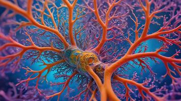 Abstract colorful microscopic structure of cells, neurons, veins, splash, circulation lines, microorganisms, micro dimensions photo