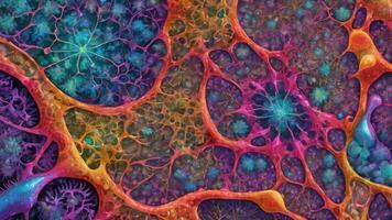 Abstract colorful microscopic structure of cells, neurons, veins, splash, circulation lines, microorganisms, micro dimensions photo
