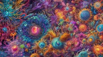 Abstract colorful microscopic structure of cells, neurons, veins, splash, circulation lines, microorganisms, micro dimensions photo
