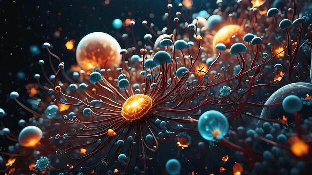 Abstract colorful microscopic structure of cells, neurons, veins, splash, circulation lines, microorganisms, micro dimensions photo