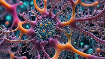 Abstract colorful microscopic structure of cells, neurons, veins, splash, circulation lines, microorganisms, micro dimensions photo