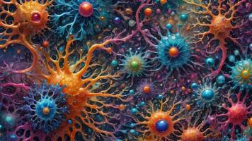 Abstract colorful microscopic structure of cells, neurons, veins, splash, circulation lines, microorganisms, micro dimensions photo