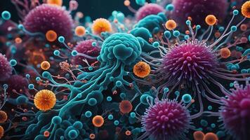 Abstract colorful microscopic structure of cells, neurons, veins, splash, circulation lines, microorganisms, micro dimensions photo