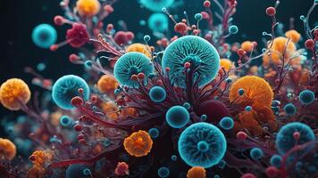 Abstract colorful microscopic structure of cells, neurons, veins, splash, circulation lines, microorganisms, micro dimensions photo