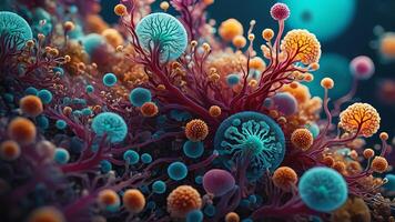Abstract colorful microscopic structure of cells, neurons, veins, splash, circulation lines, microorganisms, micro dimensions photo