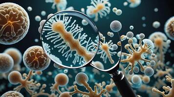 Abstract colorful microscopic structure of cells, neurons, veins, splash, circulation lines, microorganisms, micro dimensions photo