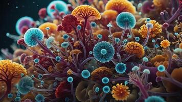 Abstract colorful microscopic structure of cells, neurons, veins, splash, circulation lines, microorganisms, micro dimensions photo