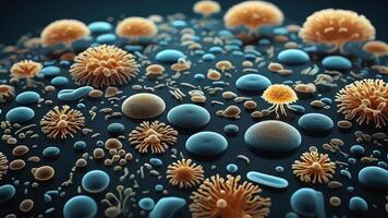 Abstract colorful microscopic structure of cells, neurons, veins, splash, circulation lines, microorganisms, micro dimensions photo