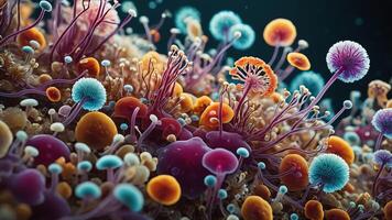 Abstract colorful microscopic structure of cells, neurons, veins, splash, circulation lines, microorganisms, micro dimensions photo