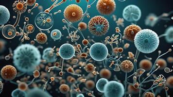 Abstract colorful microscopic structure of cells, neurons, veins, splash, circulation lines, microorganisms, micro dimensions photo