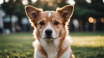 a dog sitting in the grass with a sun in the background photo