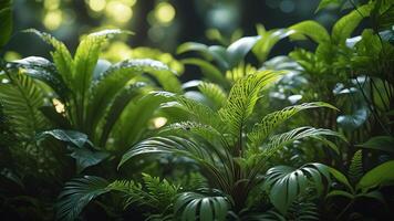 a lush green forest with many plants photo