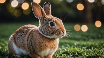 a rabbit is sitting in the grass in front of a garden photo