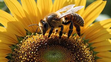 a bee is on a sunflower and is collecting pollen photo