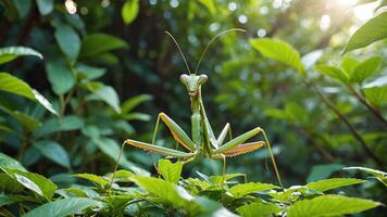 a praying mantisce is sitting on a leaf photo