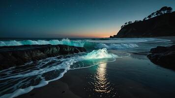 a wave at sunset with the sun shining on it photo