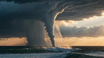 storm with tornado in the middle of the sea photo