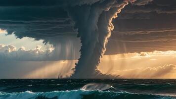 a storm with a tornado in the middle of the ocean photo