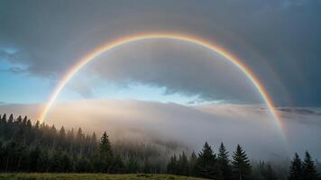 two double rainbows are seen over a mountain photo