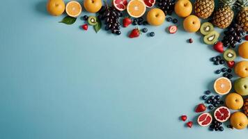 fruit on a blue table, design background object on the table, random fruit frame border photo