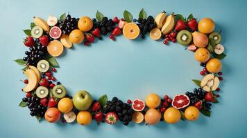 fruit on a blue table, design background object on the table, random fruit frame border photo