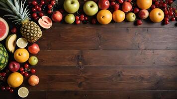 fruit on a brown table, design background object on the table, random fruit frame border photo