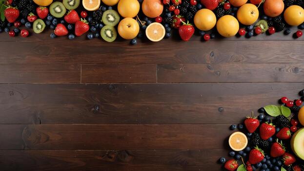 fruit on a brown table, design background object on the table, random fruit frame border photo