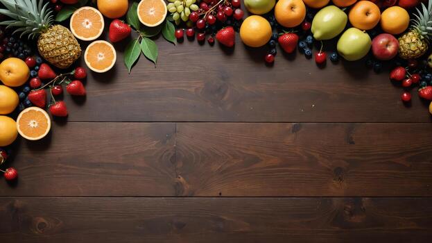 fruit on a brown table, design background object on the table, random fruit frame border photo