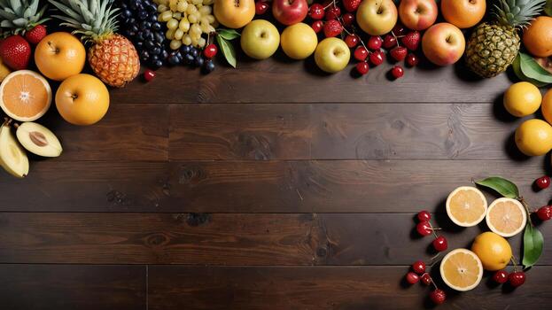 fruit on a brown table, design background object on the table, random fruit frame border photo