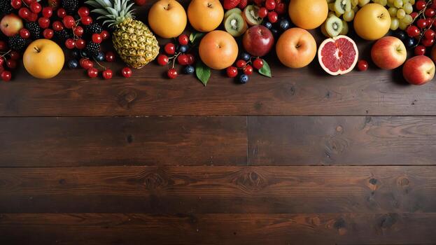 fruit on a brown table, design background object on the table, random fruit frame border photo