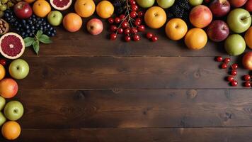 fruit on a brown table, design background object on the table, random fruit frame border photo