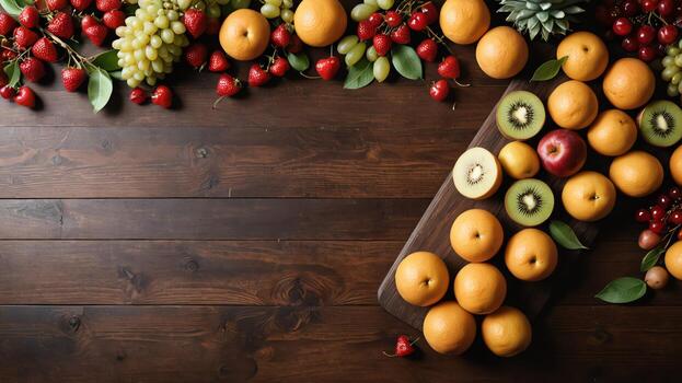 Fruta en un marrón mesa, diseño antecedentes objeto en el mesa, aleatorio Fruta marco frontera foto