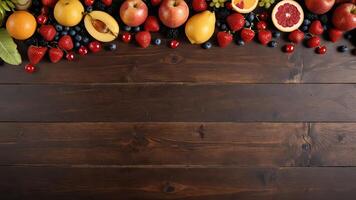 fruit on a brown table, design background object on the table, random fruit frame border photo