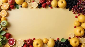 fruit on a yellow table, design background object on the table, random fruit frame border photo