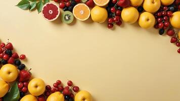 fruit on a yellow table, design background object on the table, random fruit frame border photo