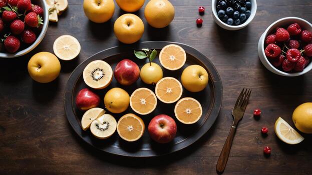fruit on a brown table, design background object on the table, random fruit frame border photo