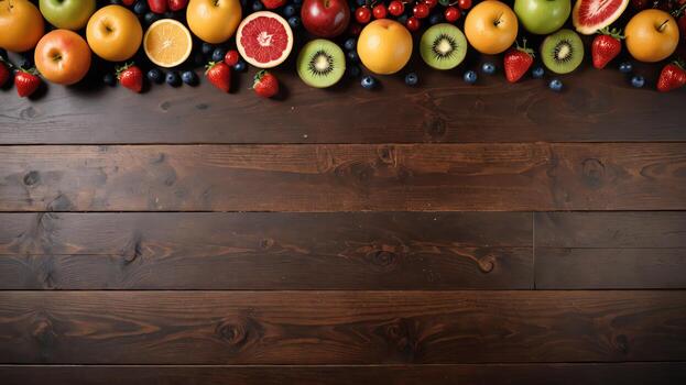 Fruta en un marrón mesa, diseño antecedentes objeto en el mesa, aleatorio Fruta marco frontera foto