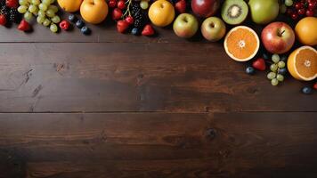 fruit on a brown table, design background object on the table, random fruit frame border photo